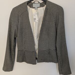 H&M womens Dogtooth Peplum Open Jacket Blazer Beige Black Size 6 Business New
